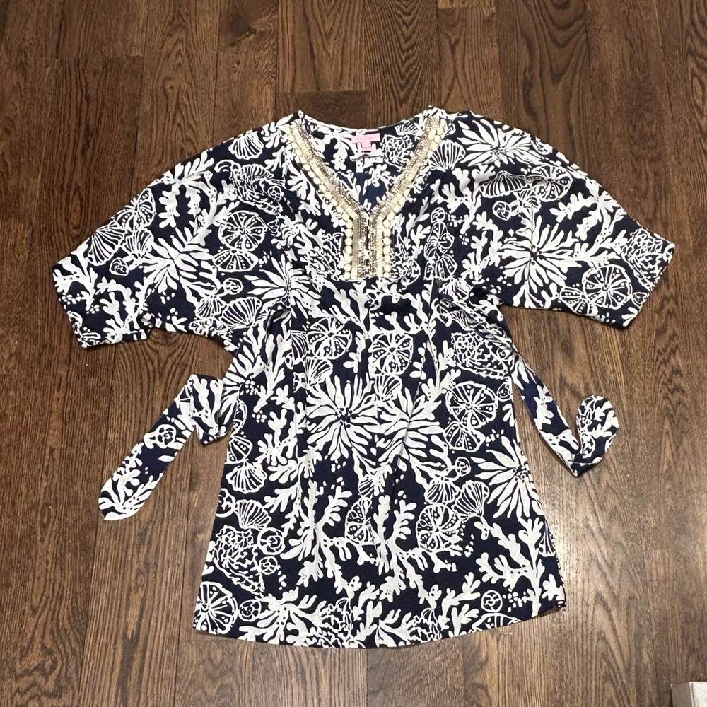 Lilly Pulitzer Navy & White Beaded Wilda Caftan Tunic Dress - Picture 4 of 12